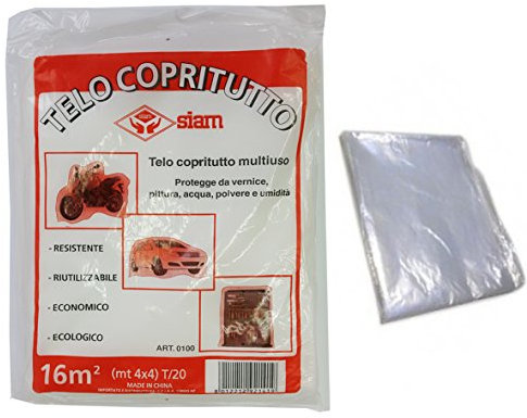 Telo nylon 4x4 mt 16 metri quadri copritutto multiuso protegge da vernice pittura acqua polvere umidità resistente riutilizzabile telone trasparente