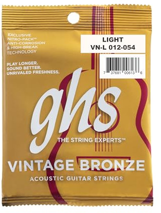 GHS Vintage Bronze Acoustic Guitar Strings – 80/15 Bronze Wrap – Warm Vintage Tone – Smooth Feel – USA Made - VN-L SET - Light Gauge - (.012-.054)