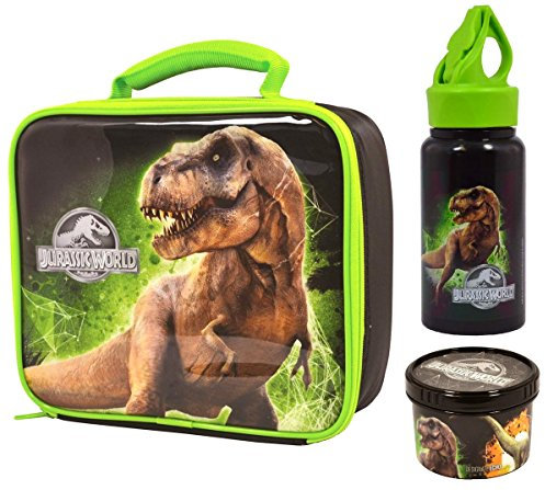 Jurassic World T-Rex-Borsa termica per il pranzo/Box alluminio, bottiglia Flip 'n'Flow bottiglia (400 ml) con porta snack