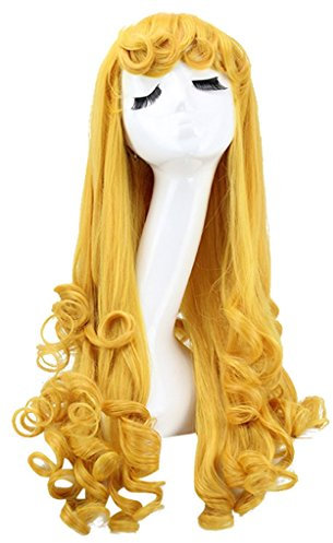 drasawee Miss Mädchen natürlich lang gelockt gewellt Haar hell gelb Party Cosplay Perücken Fancy Kleid