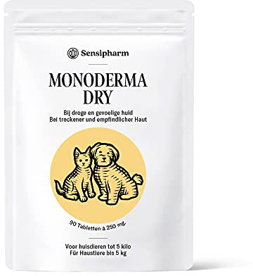 Sensipharm Monoderma Dry - Hilft Natürlich bei Trockenes Ekzem, Juckreiz, Haut, Fell, Probleme - 90 Tabletten a 250 mg. für Katzen, Hunde, Meerschweinchen, Kaninchen
