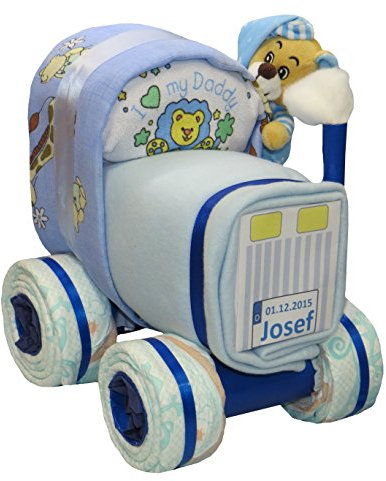 Windeltorte | Windeltraktor mit Schlafbär blau | Windeltrecker | Windelbulldog