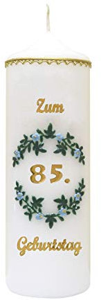 Meissner-Handel Auswahl * handverzierte Geburtstagskerze ''Zum 85. Geburtstag'' * hellblau * m. farbigen Wachsauflagen * (Motiv 004) * Auswahl Motiv + Farbe