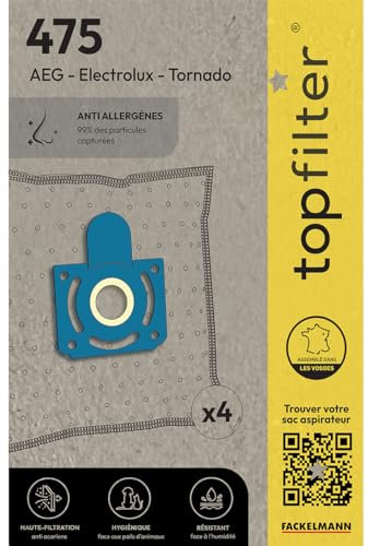 TopFilter 64475 Lot de 4 sacs aspirateur Tornado et AEG, sac aspirateur, poche aspirateur, accessoire aspirateur, Non tissé polypropylène, Plastique, 30 x 26 cm, Blanc