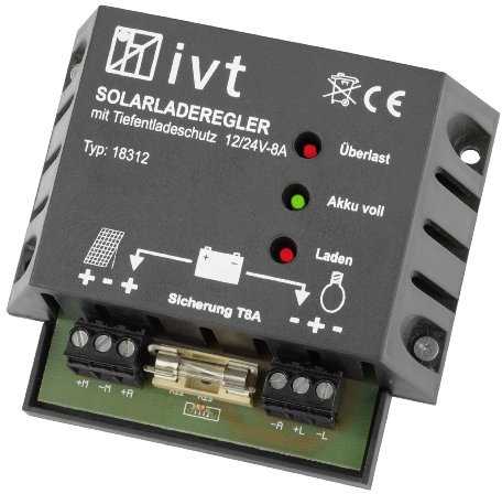 IVT 200033 Solar-Laderegler 12/24V 8/8A im Kunststoffgehäuse Ladegerät für Solarbatterien