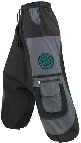 Kunst und Magie Flower of Life Hippie Haremshose Goahose Cargohose, Größe:L/XL, Farbe:Schwarz/Grau