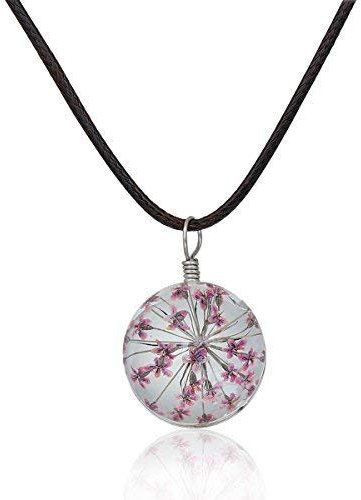 SiAura Material ® - Rosa getrocknete Blume in Glaskugel, dunkelbraune Wachskette 44,5cm lang