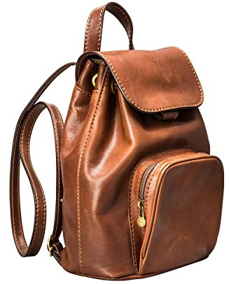 Maxwell Scott - Damen Luxus Classic Leder Kleiner Rucksack - Handgefertigt aus italienischen Vollnarbenhäuten - The Popolo Cognac