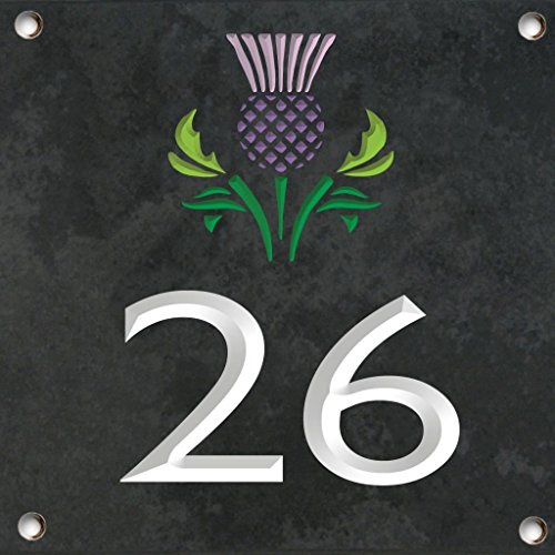 Thistle. Large Engraved Slate Number with Hand Painted Engraved Motif. 200x200mm. Next Day Dispatch.