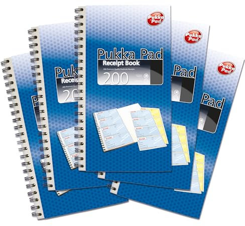 Pukka Pad 200 Entry Duplicate Receipt Book for Business and Sales – Pack of 5 – 200 Receipts per Book, 4 per Page, Carbonless, Perforated for Easy Removal, Wire Bound with Card Cover, 153 x 280mm
