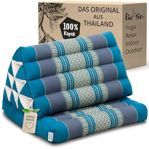 livasia Thaikissen mit 1 Auflage - 75x50x8cm - Dreieckskissen mit Sitzkissen, Keilkissen mit Kapok, Rückenkissen faltbar, Thaimatte zum Klappen, handgefertigt, Meditationskissen (Hellblau)
