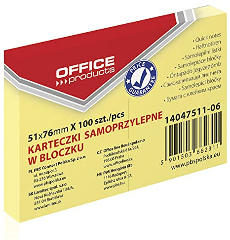 OFFICE PRODUCTS 14047511-06 Haftnotiz 51 x 76 mm, 1 X 100 Blatt, Pastellfarbe/kanariengelb