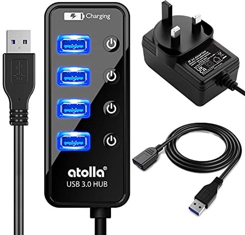 Atolla 4 ports USB 3.0 Hub SuperSpeed Data Transmission with On Off Switch + 1 Charging Port with 15W(5V/3A) Powered Supply Adapter and 1M USB 3 Extension Cable