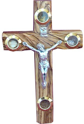 Zuluf Katholisches Kreuz aus Olivenholz, christliches Geschenk, Metallkruzifix und Heiliges Land, Geschenkurkunde | Authentisches Holzkreuz aus dem Heiligen Land Israel | Wanddekoration aus Holz, 15,7