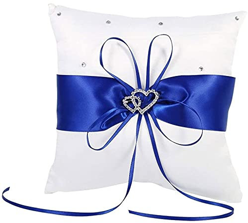 ZMNVHJ Ringkissen Hochzeit, 20cm × 20cm Blaues Seidenband Ringkissen Hochzeit, Ringkissen Hochzeit Standesamt, mit Bowknot & Doppelten Herz Aus Strass, für die Hochzeit Weiß, Kissen Trauringe (Blau)