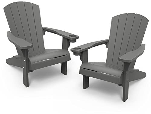 Keter 2 Pack Alpine Adirondack Resin Outdoor Furniture Patio Chairs with Cup Holder-Perfect for Beach, Pool, and Fire Pit Seating, Dark Grey