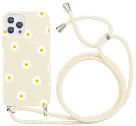 ZhuoFan Coque pour iPhone 13 Pro avec Cordon de Collier Antichoc Etui en Blanc Silicone Motif avec Collier Réglable Housse pour Téléphone Lanyard TPU Case pour Apple iPhone 13Pro 6,1, Marguerite 2