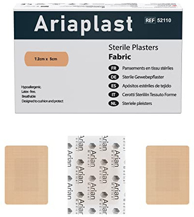 Fabric Plasters 7.2cm X 5cm Pack of 50 - Ariaplast Sterile Beize Extra Cushioning Square - Commercial Super-Sticky Zinc Oxide Adhesive - Heavy Elastic Fabric Wound Protection