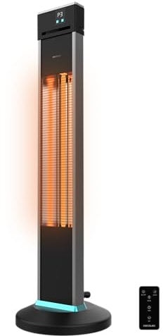 Cecotec Chauffage électrique extérieur sur pied ReadyWarm 2000 Power Tower. 2000 W à 3 niveaux, Technologie halogène, Protection IP34, Télécommande et Écran, Zone de couverture 10 m2