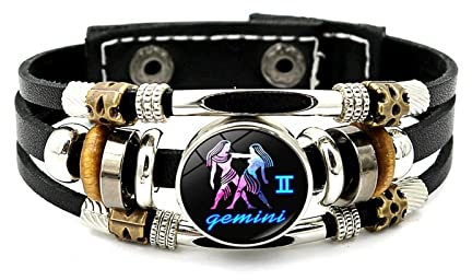 Leuchtendes Lederarmband Mit 12 Sternbildern – Zwölf Sternzeichen,Mehrschichtiges Web-Punk-Armband,Waage,Skorpion,Jungfrau,Löwe,Knopf-Zeit-Edelstein-Armband Für Männer Und Frauen,Zwillinge,Einhei