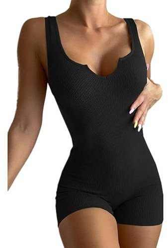 Boolavard Womens Sexy Ribbed Sleeveless Bodysuit Stretch Leotard Shorts Romper Jumpsuit (M, Black)