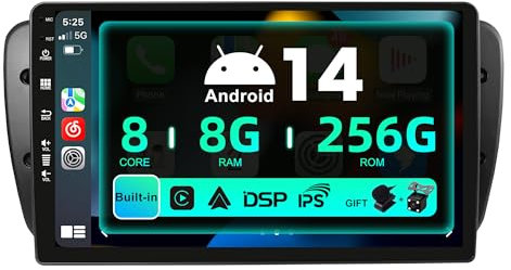SXAUTO ¦ 8G+256G ¦ Android 14 IPS Autoradio für Seat Ibiza 6J (2009-2014) - Eingebaut Carplay/Android Auto/DSP - LED Kamera + MIC - DAB Lenkradsteuerung Fast-Boot 360-CAM AHD WiFi - 2 Din 9 Zoll