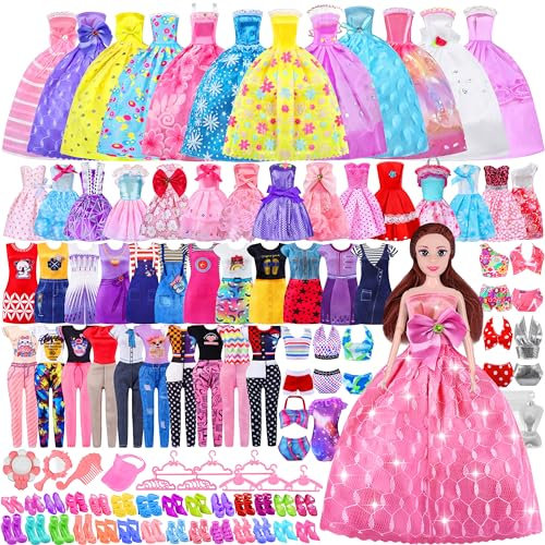 110+ Pcs Doll Clothes Outfit for Babys,Doll Accessories Mini Dress Party Dress Bikini Set Tops Pants Shoes Hangers Hat Random Stlye for 11.5 Inch Girl Doll,Doll Dress up Toys for 3+ Little Girls Kids