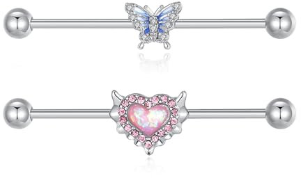 Gojewen Industrial Piercing Bar 38mm Chirurgenstahl 14G Scaffold Cartilage Ohrring Piercing Schmuck Herz Schmetterling Silber