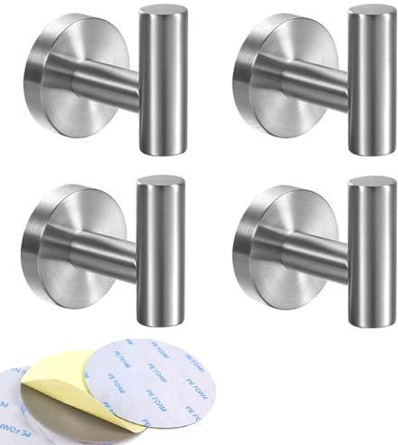 GULINO Colgadores Adhesivos Resistentes 4 Piezas, Acero Inoxidable, Colgador toalla baño adhesivo, Sin Taladro, Gancho Adhesivo pared, colgador baño y cocina, percha baño (4 Piezas Plateado)