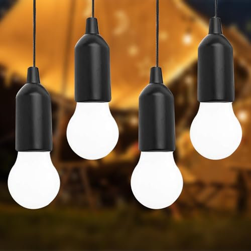 MODOAO Lamping LED Leuchte, Pull Light Led Camping Laterne,Hängende Zeltleuchte,Tragbare LED Lampe Warmweiß für Camping, Wandern, Outdoor, Party (Black, 4 Pack)