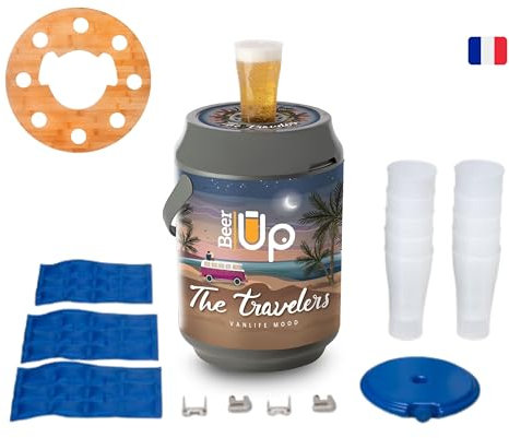 BEER UP - Tireuse à Bière Portative 10 Verres + Plateau pour Fût de bière 5L Beertender - Bière fraîche 20h Sans Électricité - Transportable - Évènement, pique-nique, Apéritif TRAVELERS