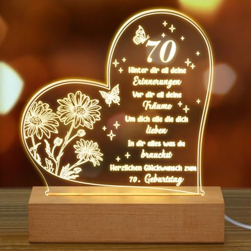 Fiada Geburtstag Frau Mann Geburtstagsgeschenke für 70 Acryl Nachtlicht mit Gravur 70. Geburtstag für Ehefrau Mama Freunde Ehemann Mutter Geschenkideen
