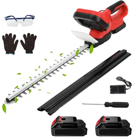 Taille-Haies Professionnel sans Fil 21V, Taille Haie Electrique avec 2* Batterie et Chargeur Rapide, avec Double Lame, Diamètre de Coupe 15mm, Longueur de Coupe 55 cm, pour Arbustes, Jardin (Rouge)