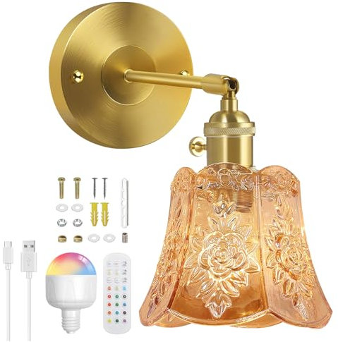 Vintage Battery Operated Wall Lights,Rechargeable Wall Light Indoor with Detachable Bulbs and Remote,3 Color Temperature&12RGB Wireless Wall Sconces for Living Room Bedroom Hallway Rose Amber