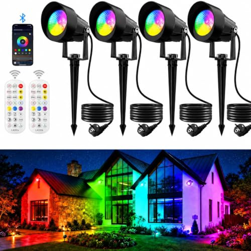 4 Stück Gartenbeleuchtung mit Strom RGB Gartenstrahler Außen Wasserdicht | IP65 Wasserdichte Gartenstrahler mit APP und Fernbedienung Gartenleuchten für Garten Terrasse Wegen mit 270° drehbarer Kopf