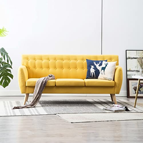 Sofa mit 3 Sitzplätzen aus gelbem Stoff, stabiler MDF-Rahmen und Beine aus Hevea-Holz, Schaumstoffpolsterung für maximalen Komfort, breite Sitzfläche 145 cm, ideal für Wohnzimmer und Entspannung