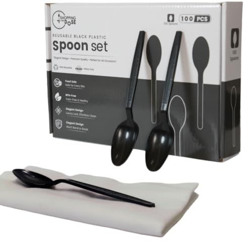 100 pcs Heavy Duty Reusable Black Plastic Spoon Set