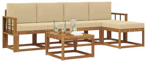 vidaXL Outdoor-Sofagarnitur 6 pcs Natur und Beige Massivholz Akazie, Gartenlounge-Set, Moderne Akazien-Couch, strapazierfähiges Outdoor-Sofa, stylische Terrassenmöbel