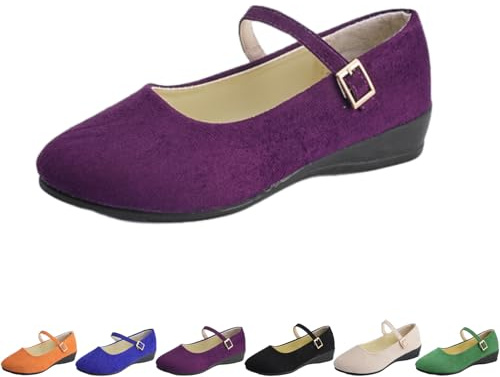 Scarpe Mary Jane piatte in finta pelle scamosciata con punta tonda da donna, eleganti ballerine Mary Jane casual da donna, leggere e comode, tacco basso con zeppa, Viola, 0 UK
