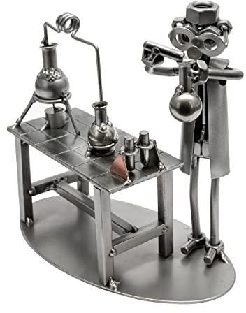 STEEMO Original Schraubenmännchen Figur: Chemiker mit Laborgläsern im Labor – Handgefertigte Metall-Deko, Kreatives Geschenk für Wissenschafts-Fans, 18x10x18 cm