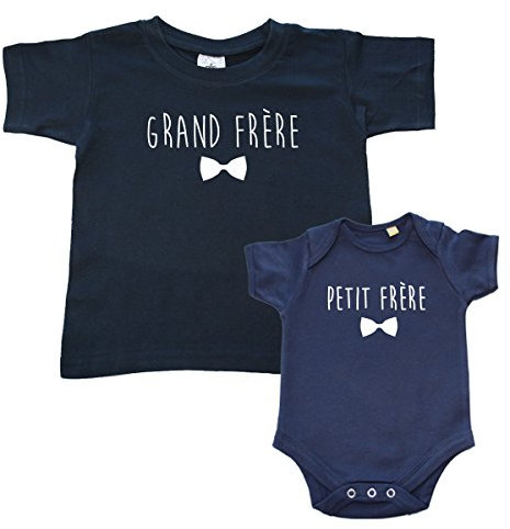 DSTNY T-Shirt garçon Grand frère - Bleu Marine (Taille 3-4ans) Body Bébé Petit frère - Bleu Marine (Taille 6-12mois)