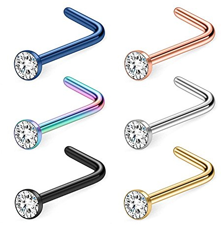 Briana Williams 6PCS Mix Color 316L Surgical Steel Nose Stud Rings L Shaped 22G 20G 18G with 2mm CZ Piercing Jewelry