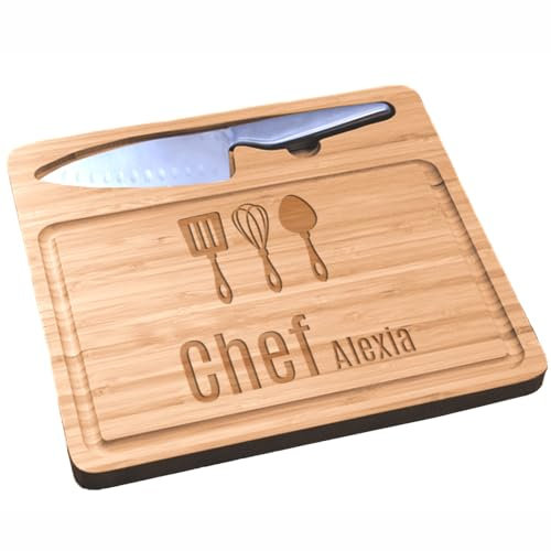 CADEAUX.COM - Planche à Découper Personnalisable en Bambou + Couteau en Acier - Prénom - Idée Cadeau Personnalisé Avec Prénom