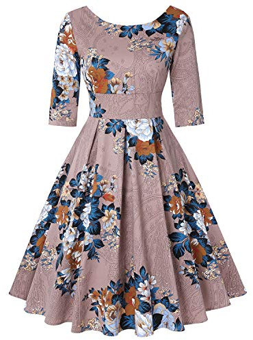 MINTLIMIT Women's Dress 3/4 Sleeve Calf-Length Retro Floral Vintage Dress Audrey Hepburn Style (Floral Khaki,Size M)