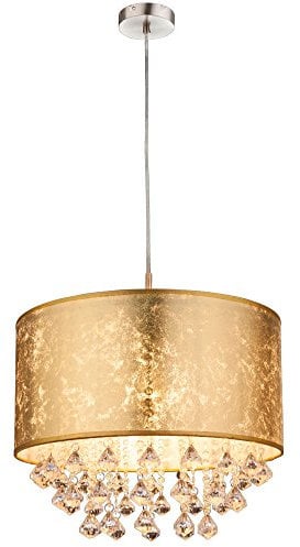 Hängelampe Schlafzimmer Stoff Gold Hängeleuchte Kristall Textil Lampenschirm (Wohnzimmerlampe, Pendellampe, 40 cm, Höhe 140 cm)