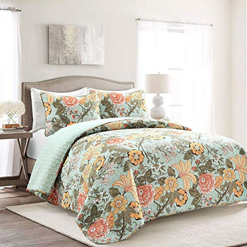 Lush Decor Sydney Reversible Cotton Quilt Set, 3 Piece Set, King, Blue & Green - Cotton Bedding Set - Blue Floral Quilt - Cottage Decor - Bedding King Size