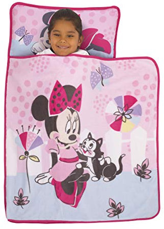 Disney Minnie Mouse - Minnie in Pink Padded Toddler Nap Mat with Built in Pillow, Fleece Blanket & Name Label for Daycare, Kindergarten or Travel, Pink, Aqua, White,
