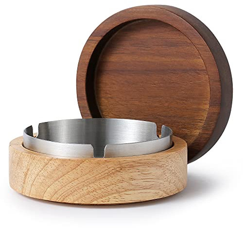 Wooden Ashtray with Lid for Smokers Stainless Steel Liner Ash Tray Windproof Durable Easy to Clean Cool Ashtrays for Indoor or Outdoor Use, Patio, Office & Home