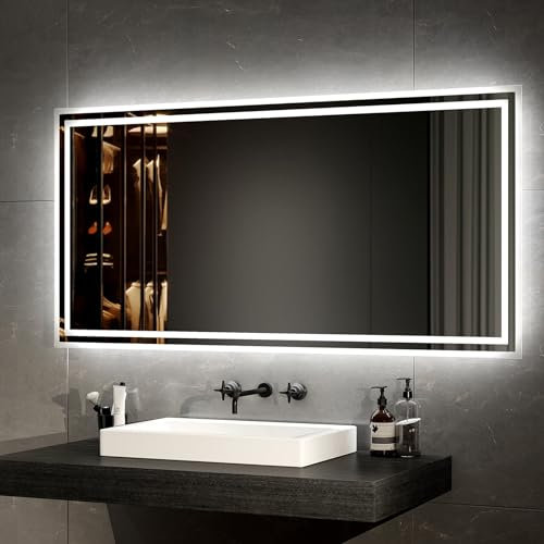 EMKE LED Badspiegel mit Beleuchtung 120x60cm LED Badezimmerspiegel Warmweißes Licht und Kaltesweißes Licht Badspiegel mit beschlagfrei+Taste