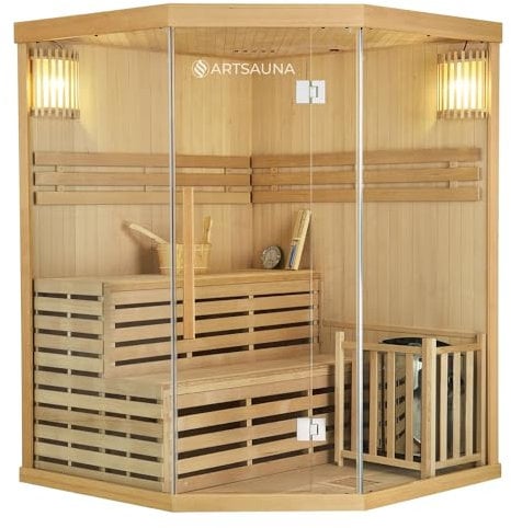 Artsauna Saunakabine Espoo150 Premium mit Harvia Ofen — 3 Personen — Hemlock Holz, Glasfront und LED Licht — Inkl. Thermometer & Sanduhr —Komplett Set